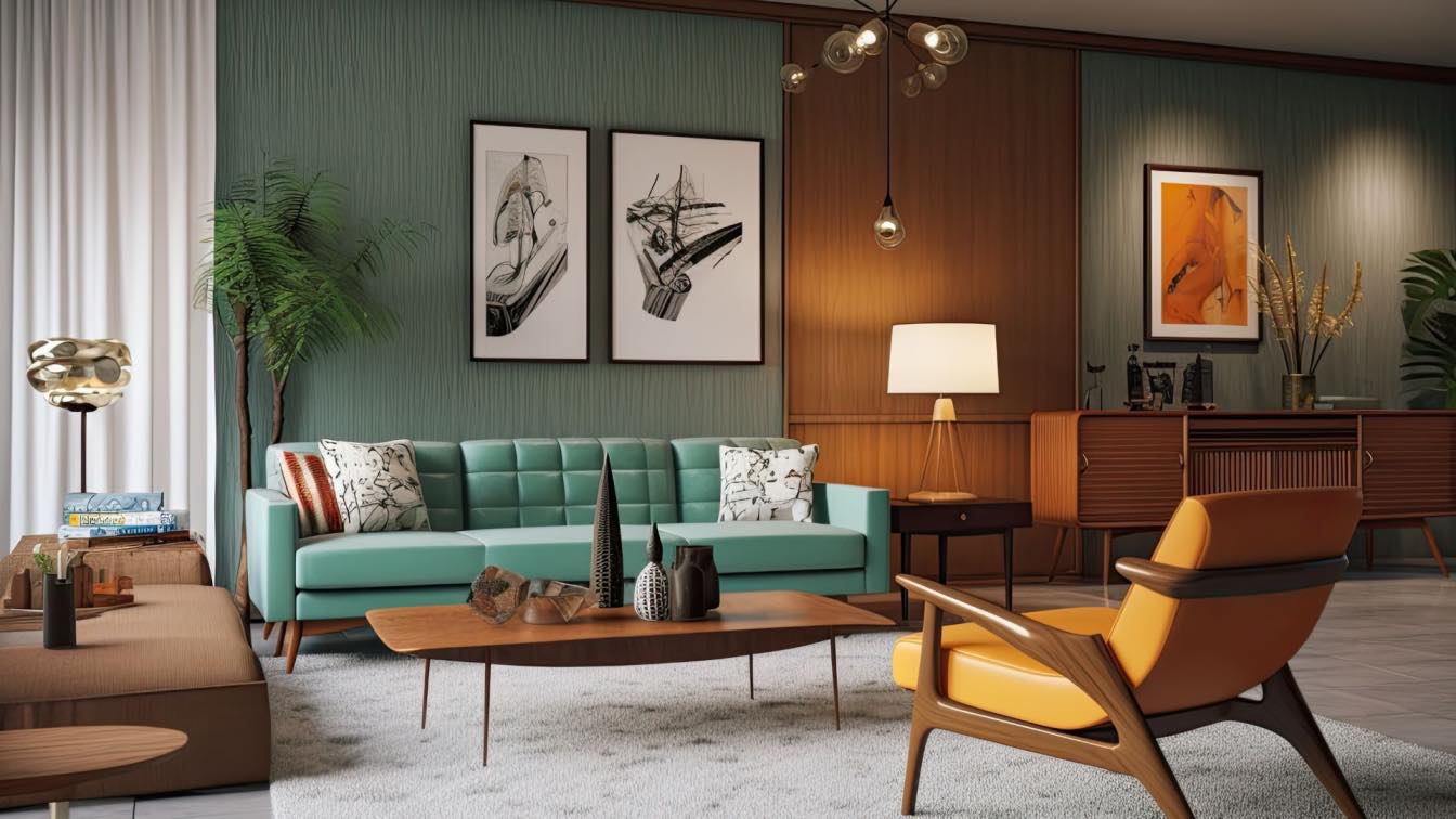 гостиная стиль интерьера mid-century в дизайне